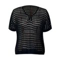 thumbnail image 3 of DuoJiaJ Womens Summer V Neck Short Sleeve Button Down Sweater Casual Crochet Hollow Out Knit Tops Beach Coverup Women’s Linen Blend Casual Tops Black, 3 of 3