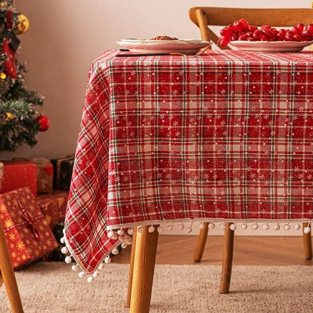 Granjero Gordo Mantel rectangular a cuadros navideños para decoración de fiestas navideñas de estilo rústico, con diseño de bola de nieve pequeña en rojo y blanco, tamaño C: 55 x 55 pulgadas