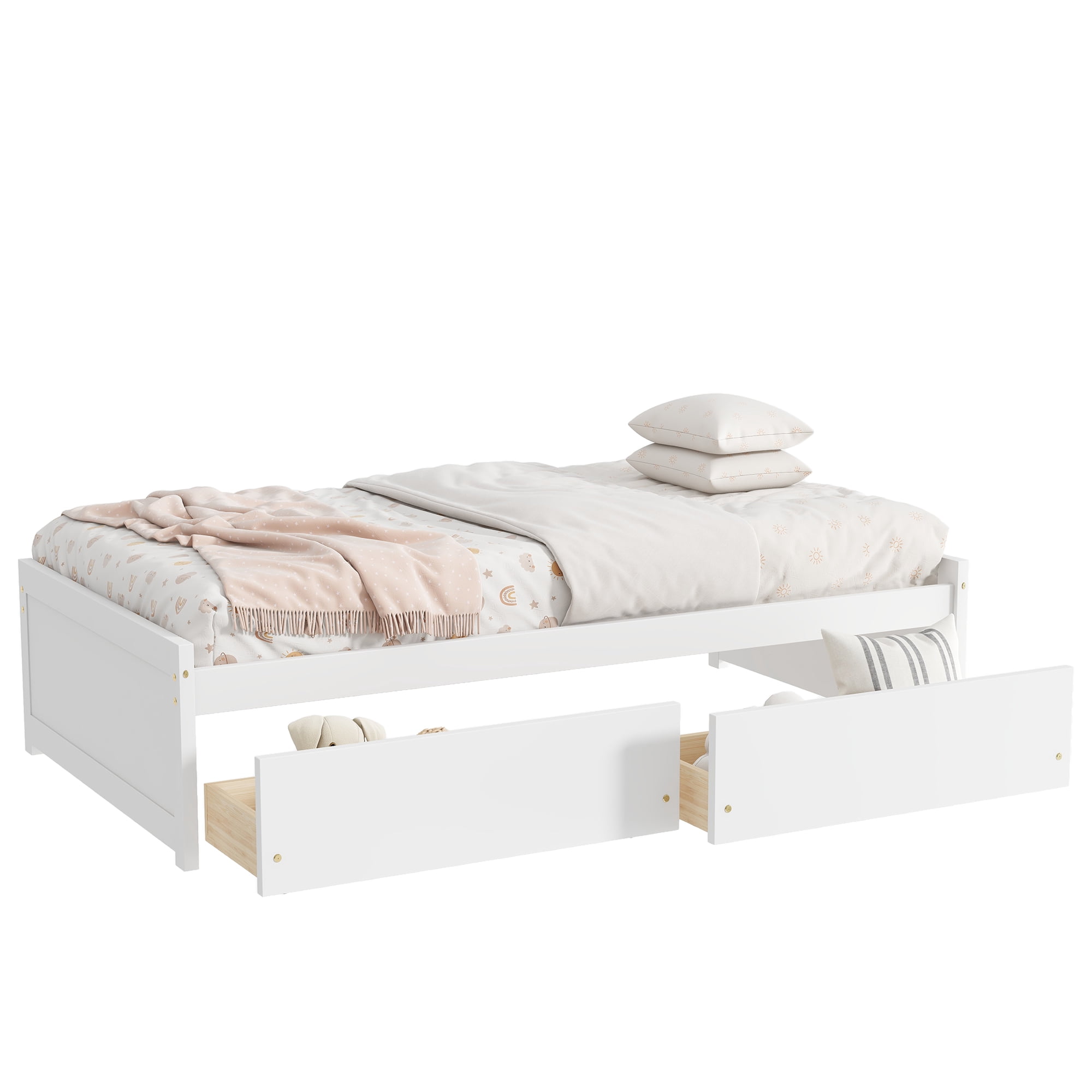 Sailvan Twin Size Bed with 2 Drawers, Solid Rubber Wood Bed