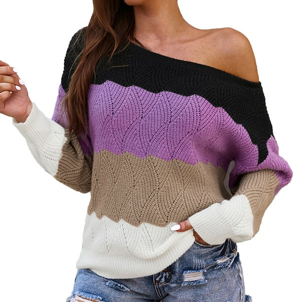 Gibobby Suéter para mujer, Suéter de Manga Larga algodón con Cuello Redondo Suéter para Mujer(Morado,G)