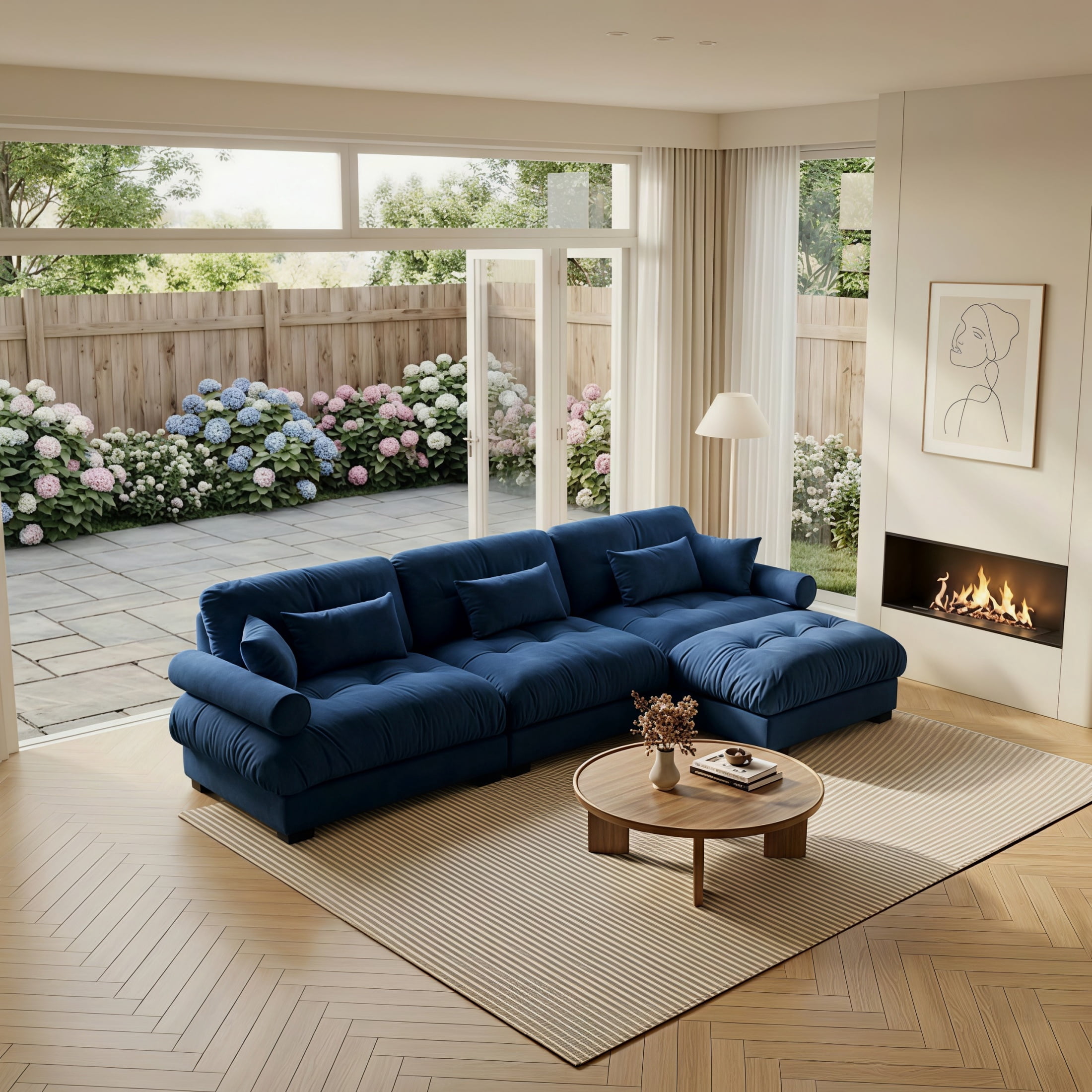 Amuille 130" Modular Sectional Sofa Velvet L Shaped Cloud Couch with Movable Ottomans, Deep Seat Couch for Living Room, with Pillows, Blue