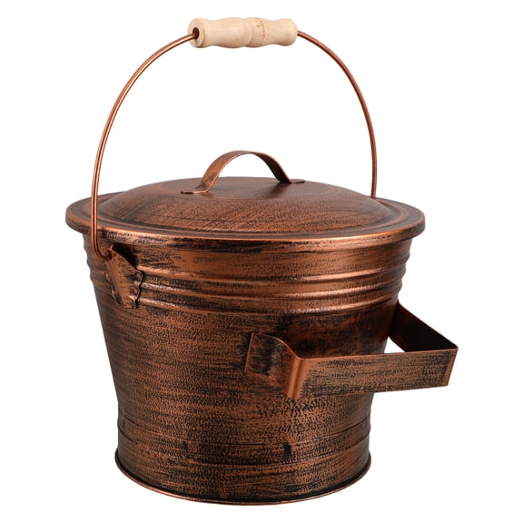 LOLIPPYY Metal Ash Bucket with Lid for Fireplace and Grill, Firewood Container with Ergonomic Wooden Handle