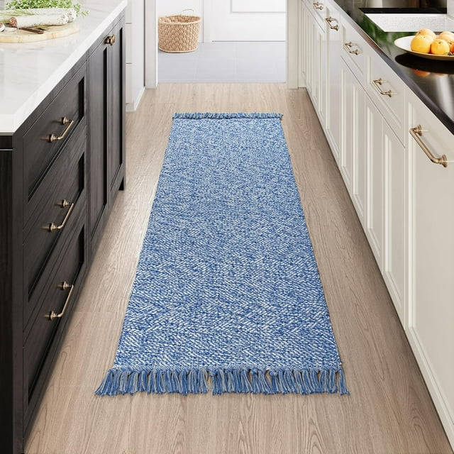 Collive Hallway Runner Rug, 2' x 6' Hand-Woven Reversible Washable Entryway Rug, Blue Cotton Modern Farmhouse Laundry Room Rug Long Carpet for Bathroom Sink Foyer Bedroom
