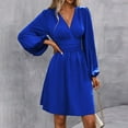thumbnail image 2 of WTOBBY Women's Fashionable Solid Color V-Neck Long Sleeve Pleated Versatile Dress Lantern Sleeve Detail for Unique Style Flowy Pleats for Movement Wardrobe Essential,Royal Blue XL, 2 of 8