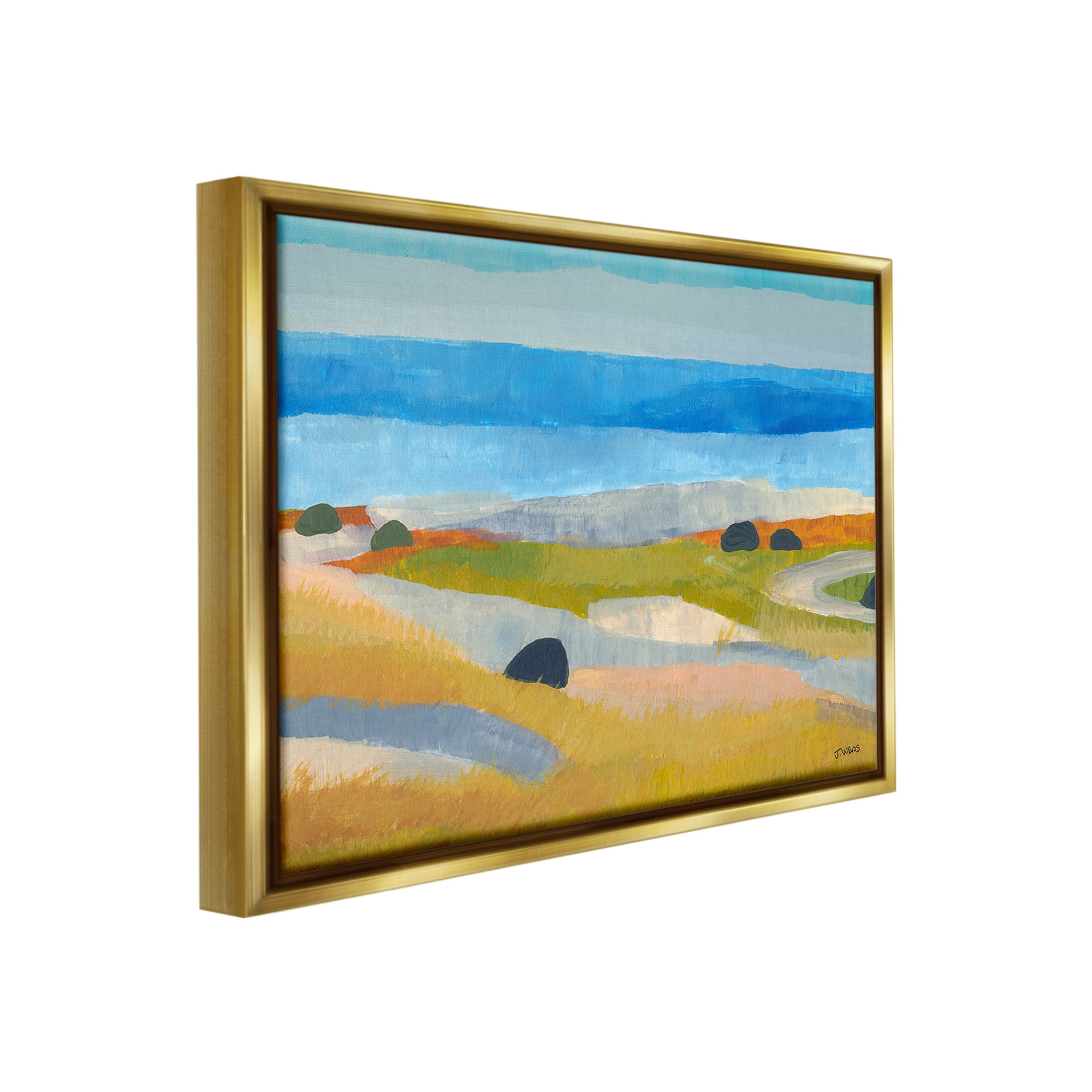 Stupell Industries Abstract Grassland & Beach Landscape Painting Gold Floater Framed Canvas Art Print Wall Art, 21 x 17