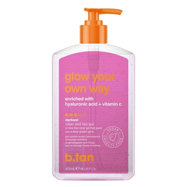 b.tan Glow Your Own Way Clear Self Tan Gel enriched with hyaluronic acid   vitamin c, no rinse required