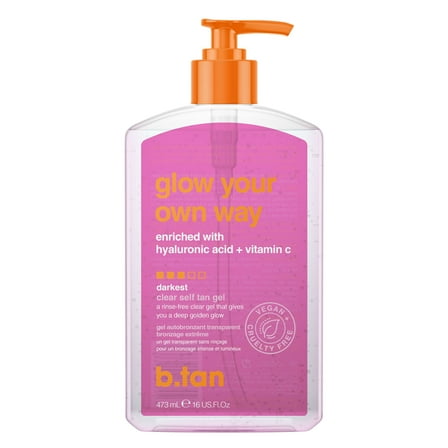 b.tan Glow Your Own Way Clear Self Tan Gel enriched with hyaluronic acid   vitamin c, no rinse required