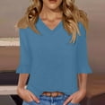 thumbnail image 2 of Womens Ruffle 3/4 Sleeve Tops V Neck Casual Cute Fall Spring Summer Tee Shirts Solid Color Loose Tshirts (L, Blue), 2 of 6