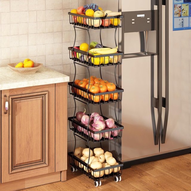 Fruteros de Cocina Modernos 5 Niveles, Mueble Cesta Organizador de Frutas y Verduras, Carrito Organizador Cocina Estrecho, Carrito de Almacenamiento Delgado Metal para Cocina, Baño, Lavadero