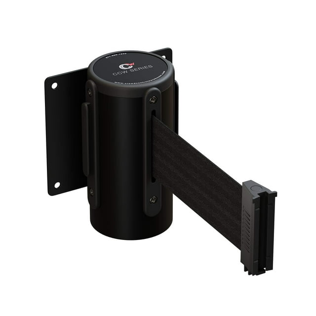 Almacén de control de multitudes - Barrera de cinturón retráctil de montaje en pared fija serie CCW WMB-125 - Cinturón negro de 11 pies con caja de acero negro