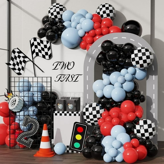 WODJR 145 Pcs Racing Car Balloon Garland Racing Car Party Decorations Racing Car Balloons Black Red Balloon Garland Checkered Black Red Balloons Racing Car Balloon Arch Race Car Party Decorations