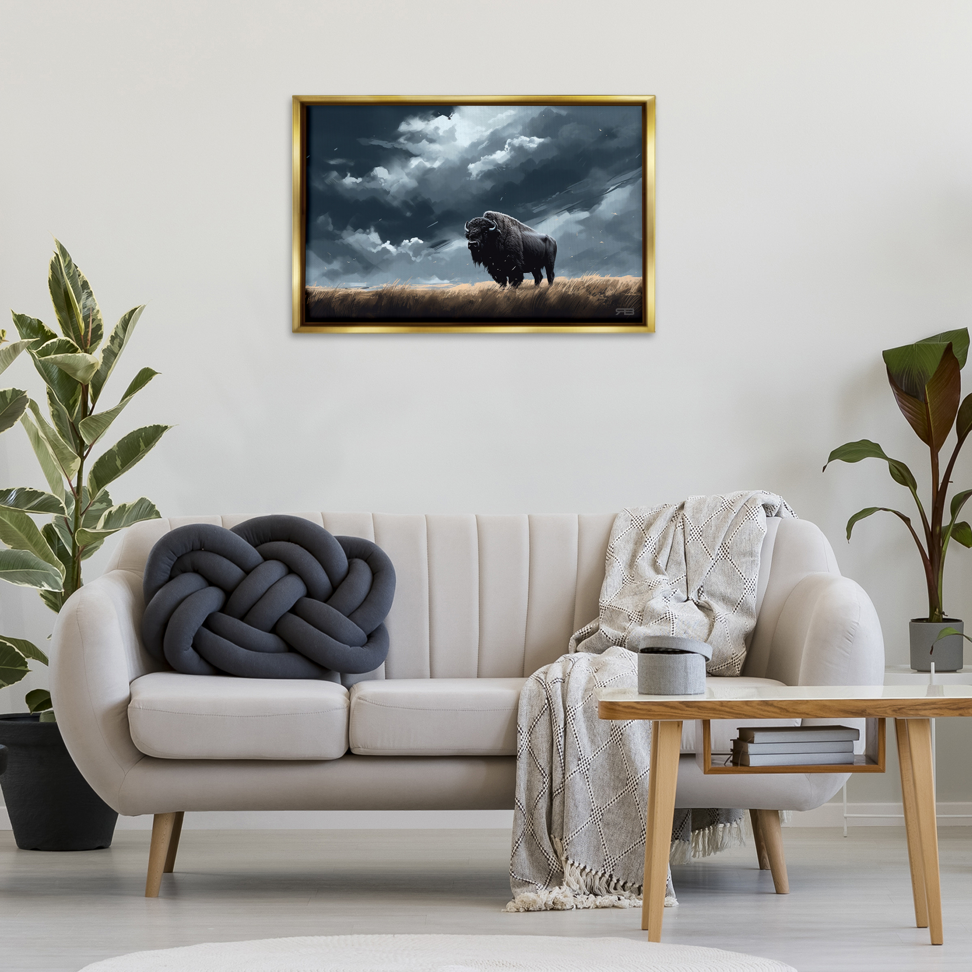 Stupell Industries Bison Silhouette with Clouds Landscape Painting Gold Floater Framed Canvas Art Print Wall Art, 31 x 21