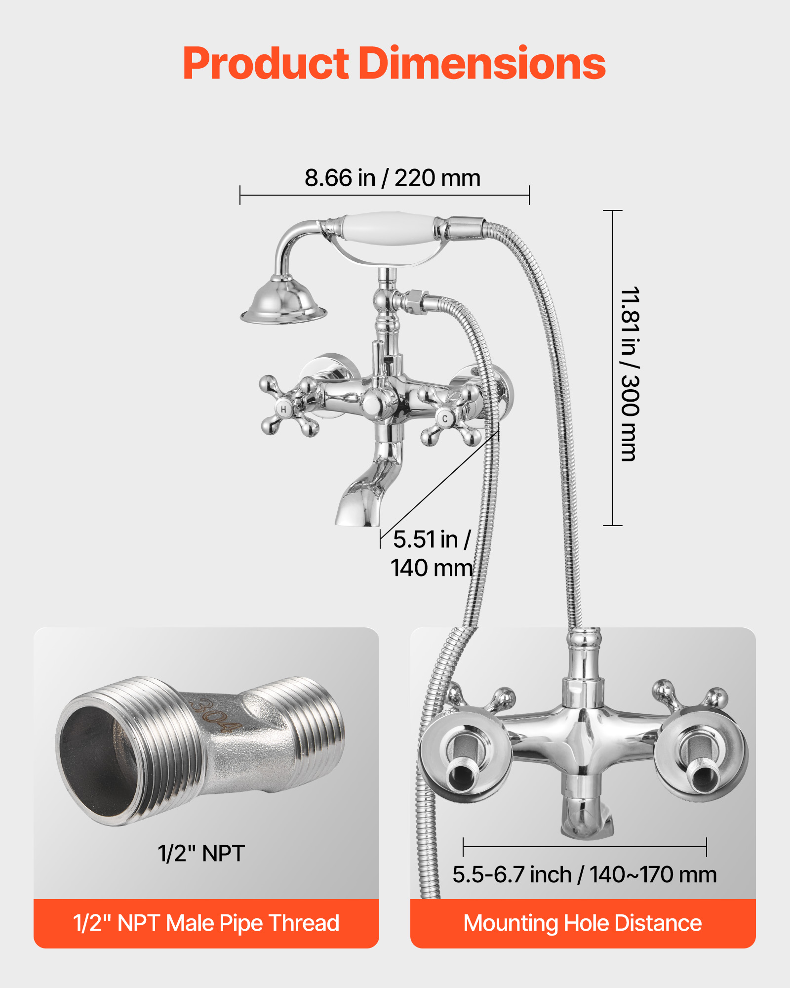 VEVOR Clawfoot Tub Faucet, Wall Mount Bathtub Faucets with Handheld Shower, Vintage Polished Chrome Clawfoot Tub Filler Faucet Shower Kit with Adjustable Swing Arms & 360° Rotation Spout for Bathtubs