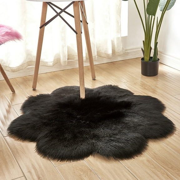Soft Fur Area Rug 2ft Black Flower Shape Shaggy Fluffy Rugs Long Plush Carpet Floor Mat for Bedroom Living Room Playroom