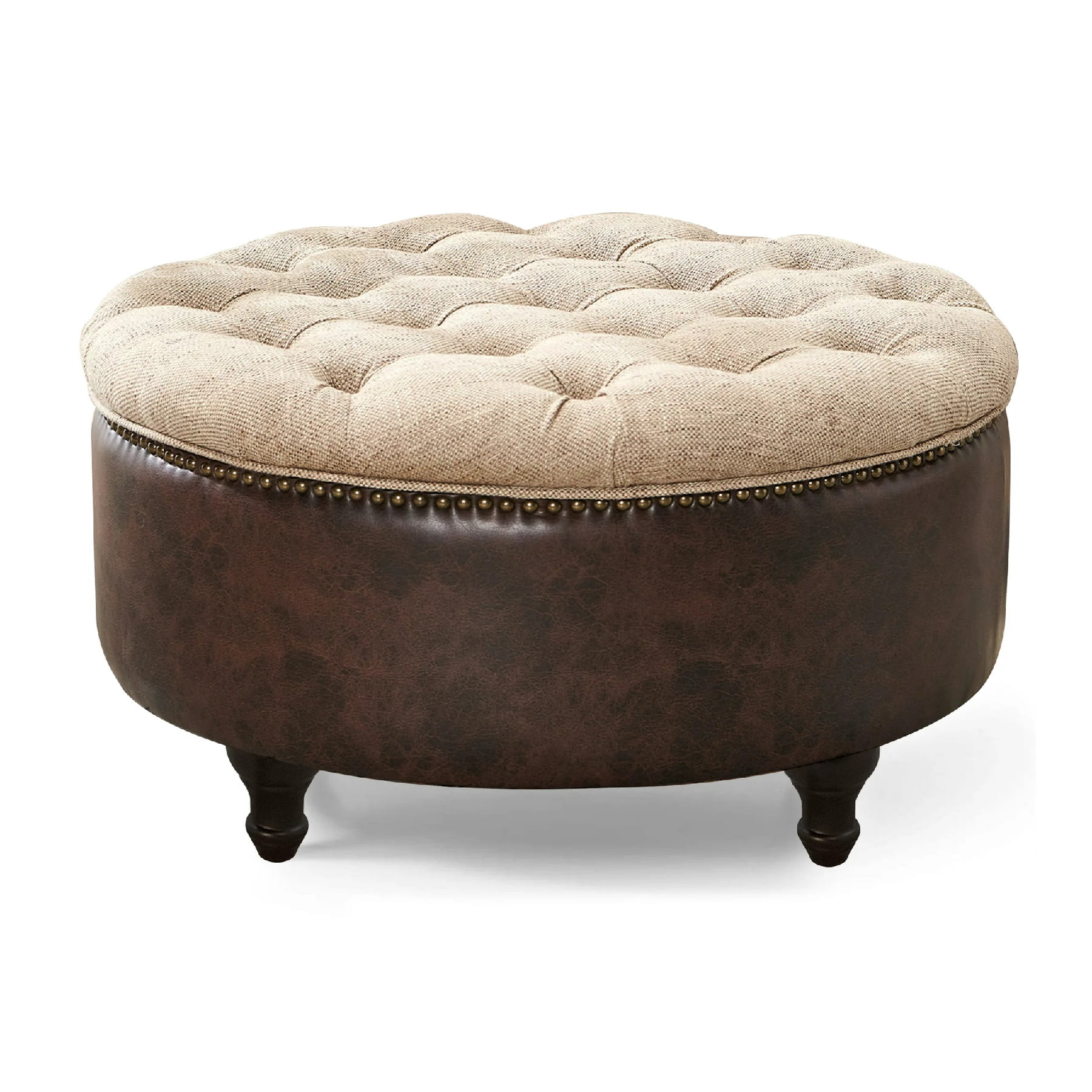 Nathaniel Home Upholstered 30" Round Storage Button Tufted Ottoman, with Removable Lid, Modern Footrest Stool Bench, Light Brown/Dark Brown