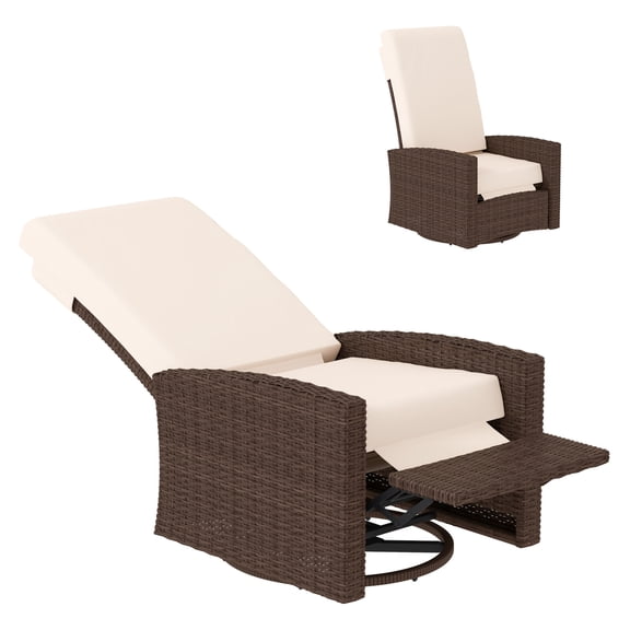 Outdoor Wicker Swivel Recliner Chair with Footrest, 360° Rotating Patio Chair, Water-resistant Cushions, Cream White for Patio, Porch, Backyard