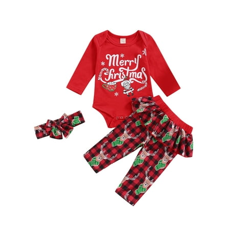 

Jkerther 3Pcs Christmas Baby Girls Clothes Set Romper Pants and Bow Knot Headdress