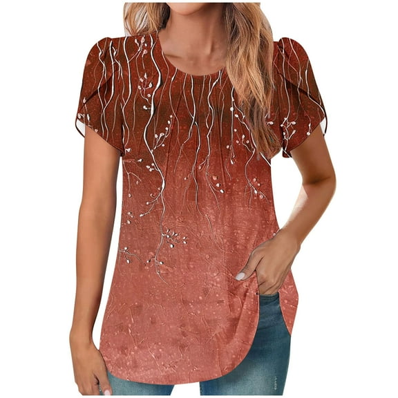 Puntoco Plus Size Tops 2025 Clearance Women'S Short Sleeve Round Neck Cover Casual Pleated Tunic Top Curved Hem Printed Fashion Top Red XL(XL)