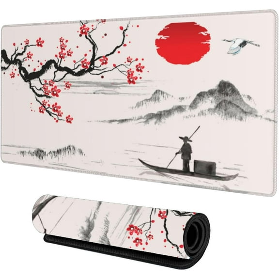 Large Gaming Mouse Pad, Extended Size 31.5x11.8 inches, Non-Slip Rubber Base Desk Mat with Stitched Edges, Japanese Cherry Blossom Design