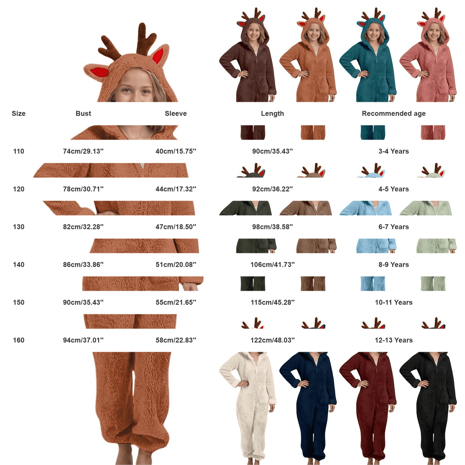 Ruyang Christmas Deer Ears Fleece Jumpsuit for Girls Winter Warm Fuzzy Hooded Onesie Zip Thermal Furry Bodysuit
