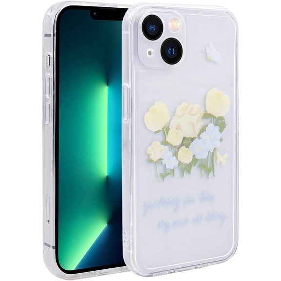 Case for iPhone 14 (6.1 inch), Clear Slim Soft TPU Case with Women Girl Retro Floral Flower Design Case for iPhone 14, Transparent Flowers & Butterflies