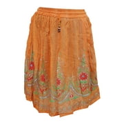 Mogul Women's Festive Skirts Rayon Orange Sequin Work Short Skirts