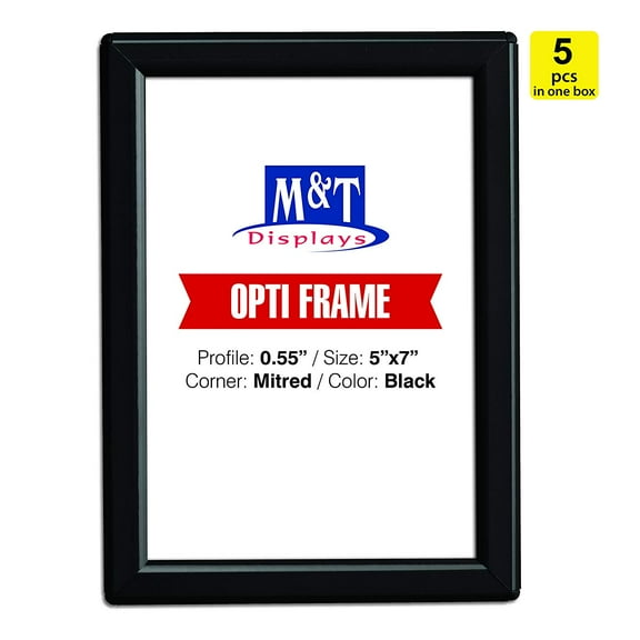 M&T Displays 5x7 Snap Frame, Opti Frame, Aluminum, Wall Mounted Frames - Black / 5pcs, Front Loading