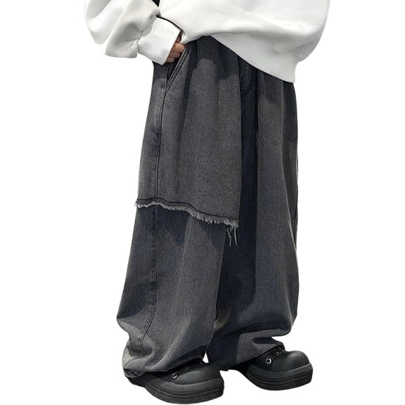 YunPes Boys Oversized Jeans Ripped Cut Vintage Charcoal Wide Leg Trousers Teen Kids Baggy Trendy Streetwear Grunge Denim Pants