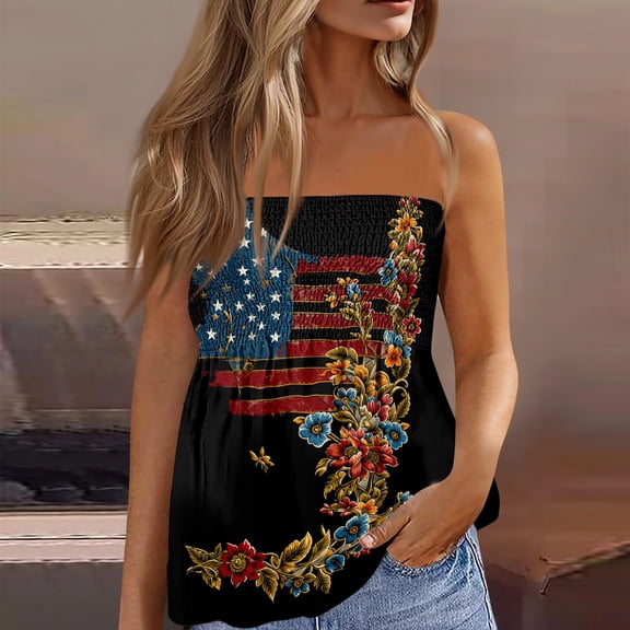 Flag and Floral Print Tube Tops Women 4th of July Strapless Bandeau Sleeveless Tank Tops American 250th Anniversary Pleated Flowy Off the Shoulder Tube Tops