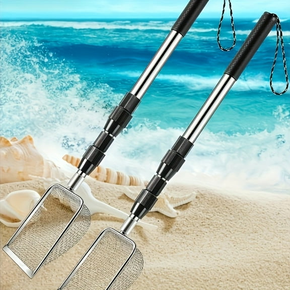 Stainless Steel  Tooth Sand Shovel - Retractable Handle Beach Tool for Treasure Hunting/Seashell Collecting, Doubles as Cat Litter Scoop