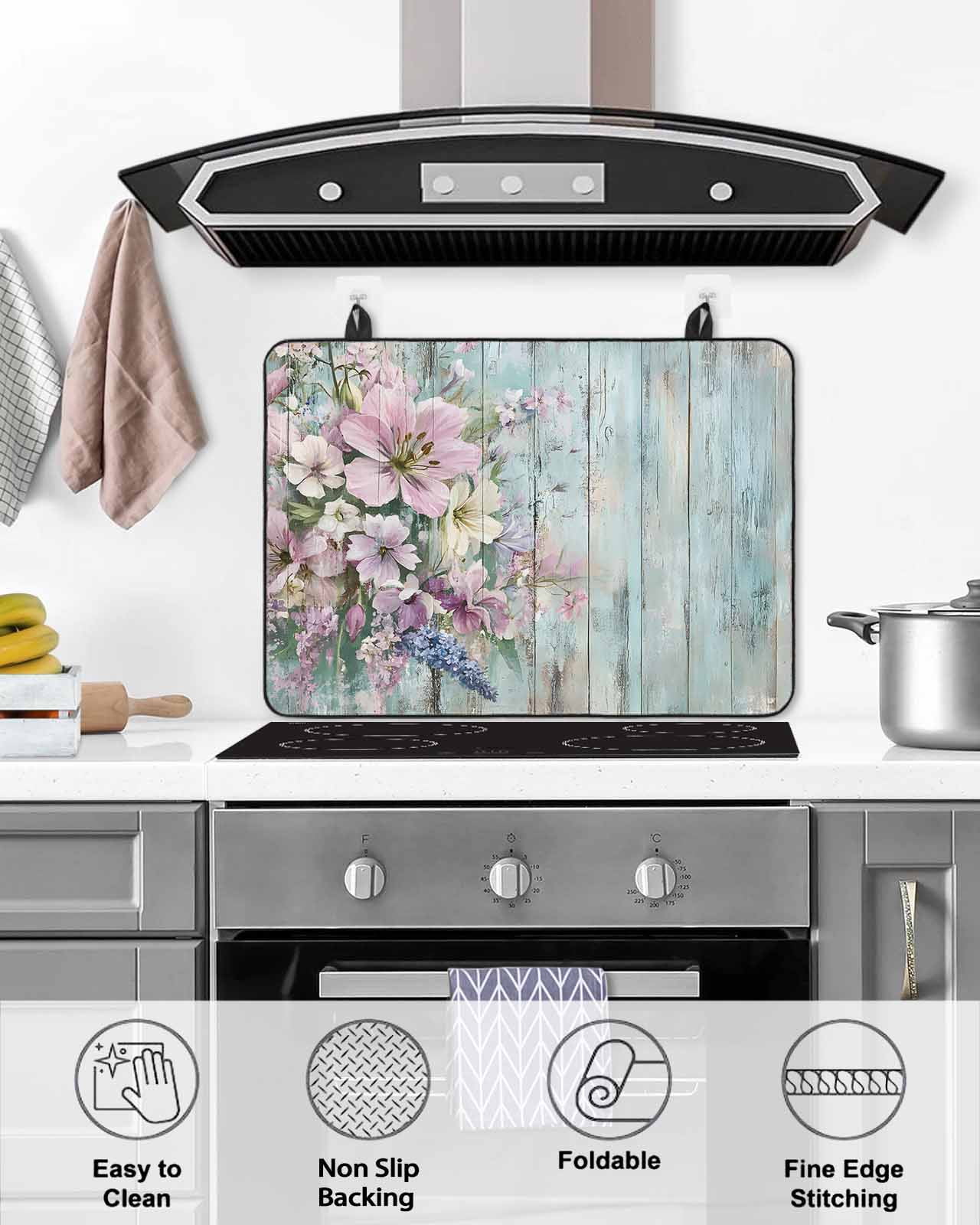 nqOlkjepod Large Induction Cooktop Protector Mat 36"x21", Pink Flower Stove Top Covers for Electric Stove, Lavender Leaves Blue Board Pastoral Retro Stove Burner Cover Mats, Glass Top Stove Cover