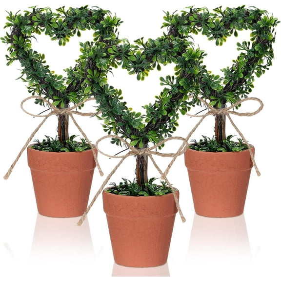 Set of 3 Valentine's Day 8" MIni Artificial Heart Hoya kerrii Topiary Trees, Faux Plant Love Topiaries with Jute Bow, Valentine's Day Holiday Desk Garden Decor (Brown)