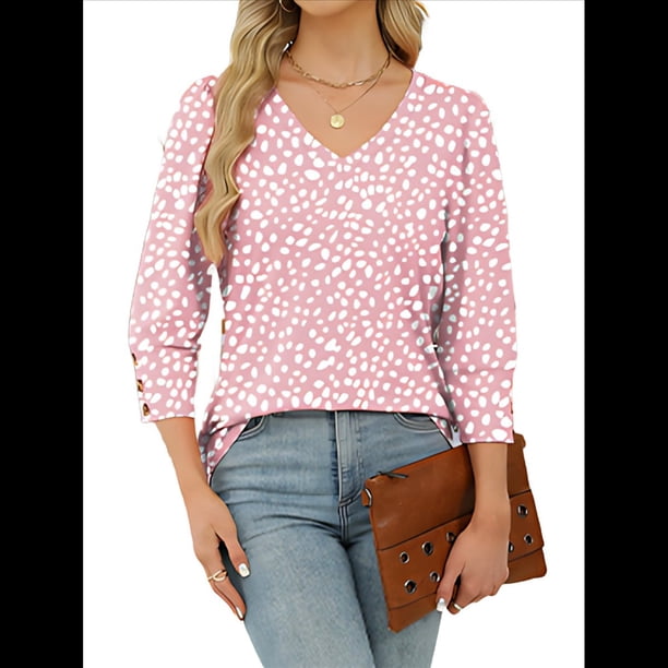 Blusas de 3/4 con Botones y Cuello en V para Mujer, Ropa Informal de Verano para Vacaciones de Playa, Ropa de Otoño 2025 Estampado Rosa S