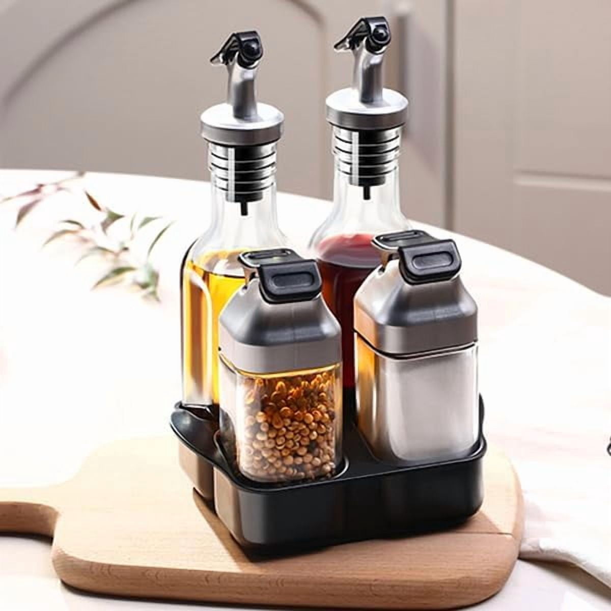 Fuliko 5 PCS Oil Vinegar Dispenser Bottles Set with Caddy Stand, Tabletop Salt Pepper Shaker Olive Oil Vinegar Cruets Set with Tray for Kitchen