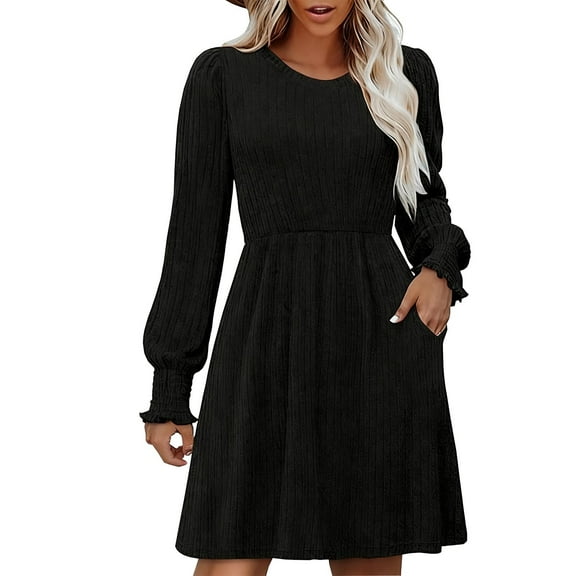 Winter Dresses for Women Fall Sweater Dress Long Sleeve Babydoll Dresses with Pocket Casual Knit Dresses