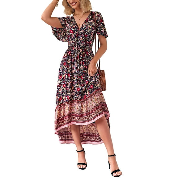 Michellecmm Women's Summer Short Sleeve V Neck Irregular Hem Boho Floral Dress