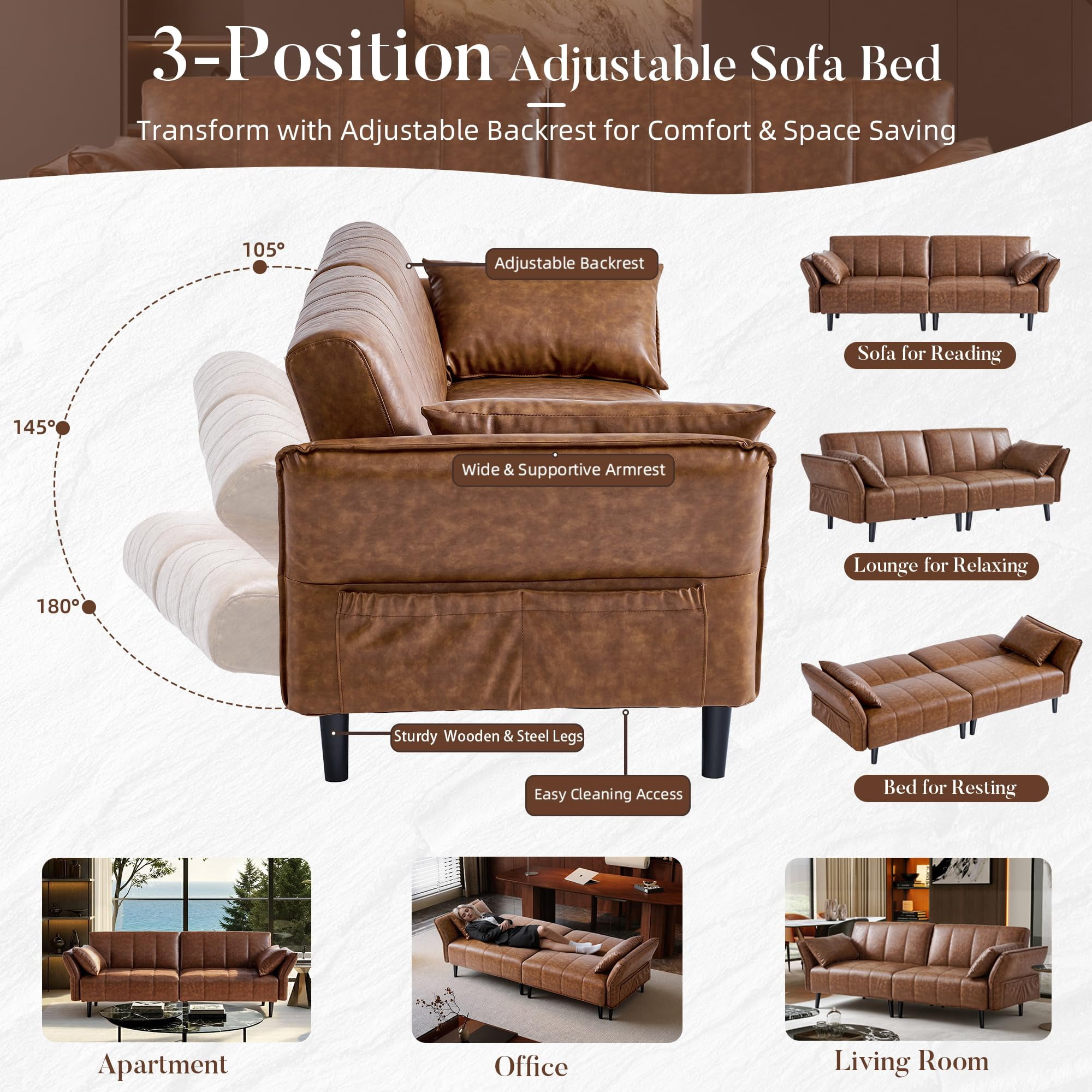83" Faux Leather Sofa,Mid Century Modern Convertible Futon Sofa Bed Loveseat with Adjustable Armrest and Backrest,2 Pillows for Living Room,Office,Brown