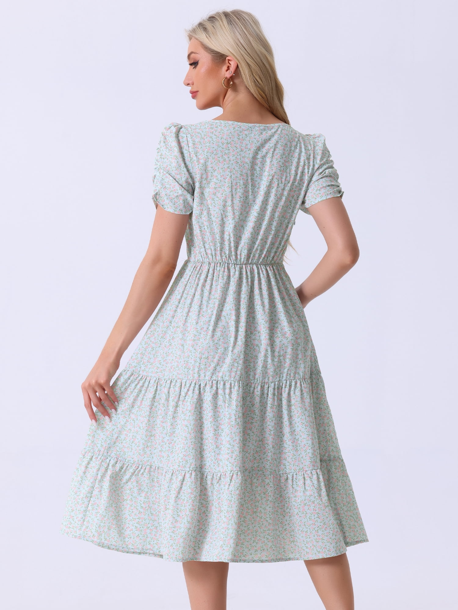 DARING DIVA Women's Floral Puff Short Sleeves Midi Dresses M Light Blue