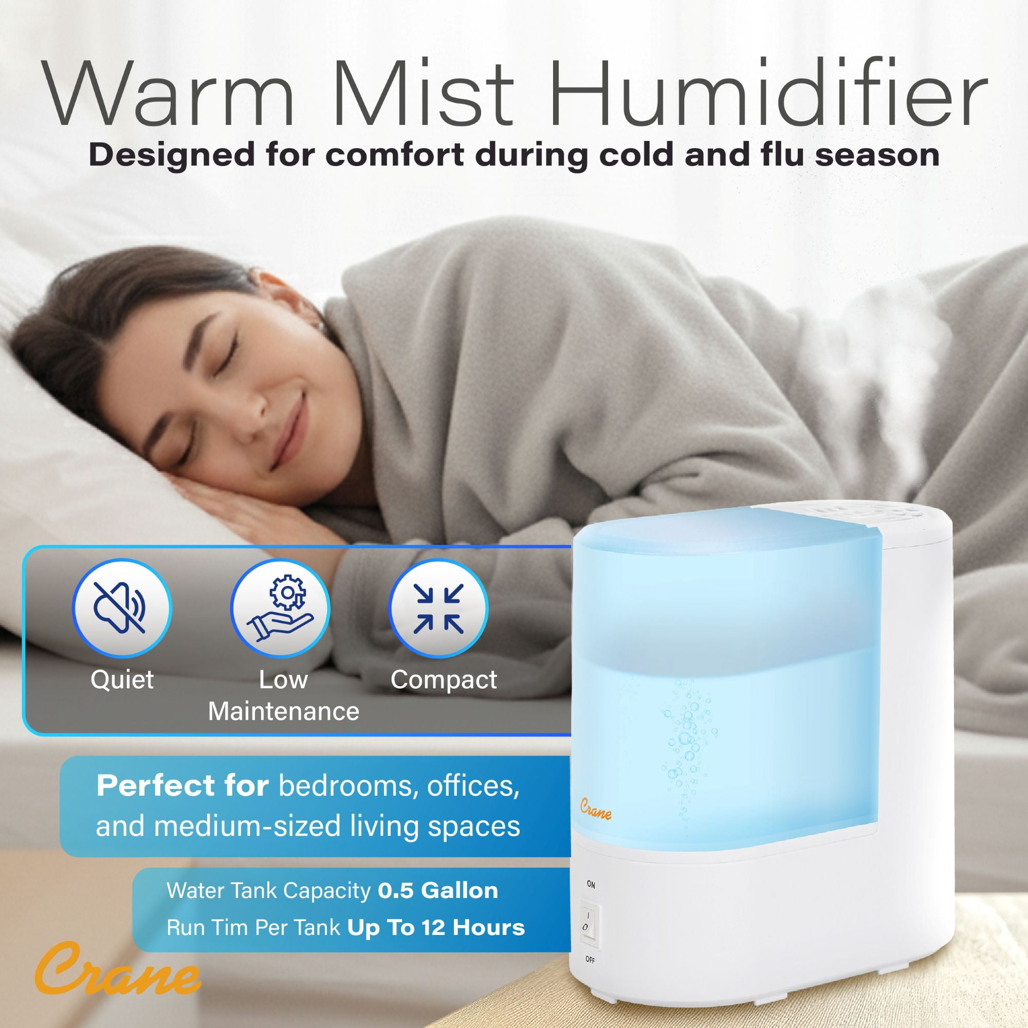 Crane Warm Mist Humidifier, 0.5 Gallon Tank, Steam Treatment with Vapor Pad Tray, Auto Shut-Off, Filter-Free, Quiet for Bedroom & Home