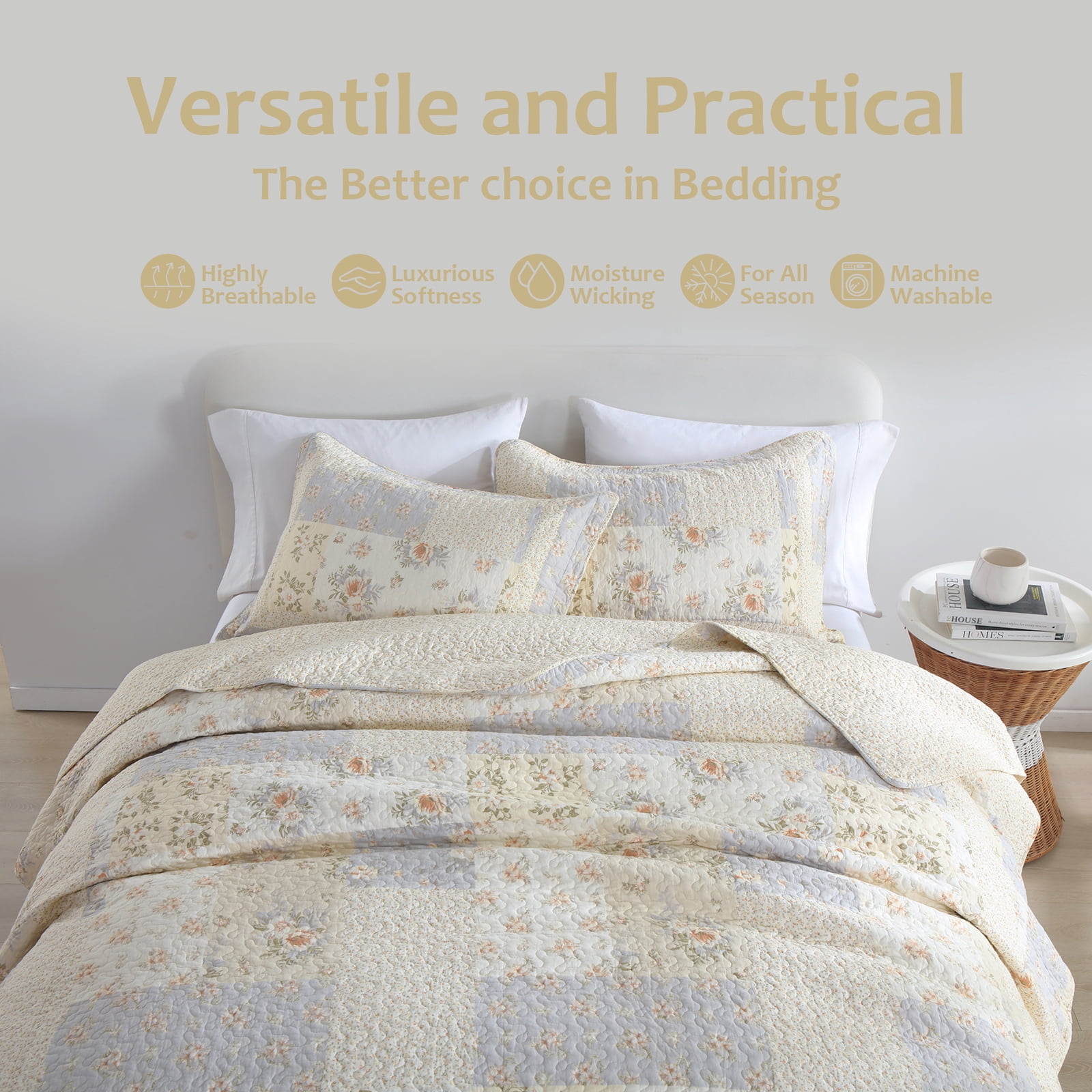 DUOHONG King Bedspread 120"W x 120"L - 100% Cotton Reversible Lightweight Oversized Quilt with 2 Pillow Shams, Beige/Brown/Cream White