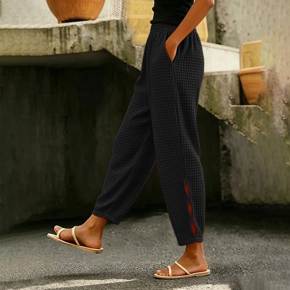 ClodeEU Women's Waffle Knit High Waisted Pants with Pockets ,Casual Loose Cropped Trousers ,Women's Plus L