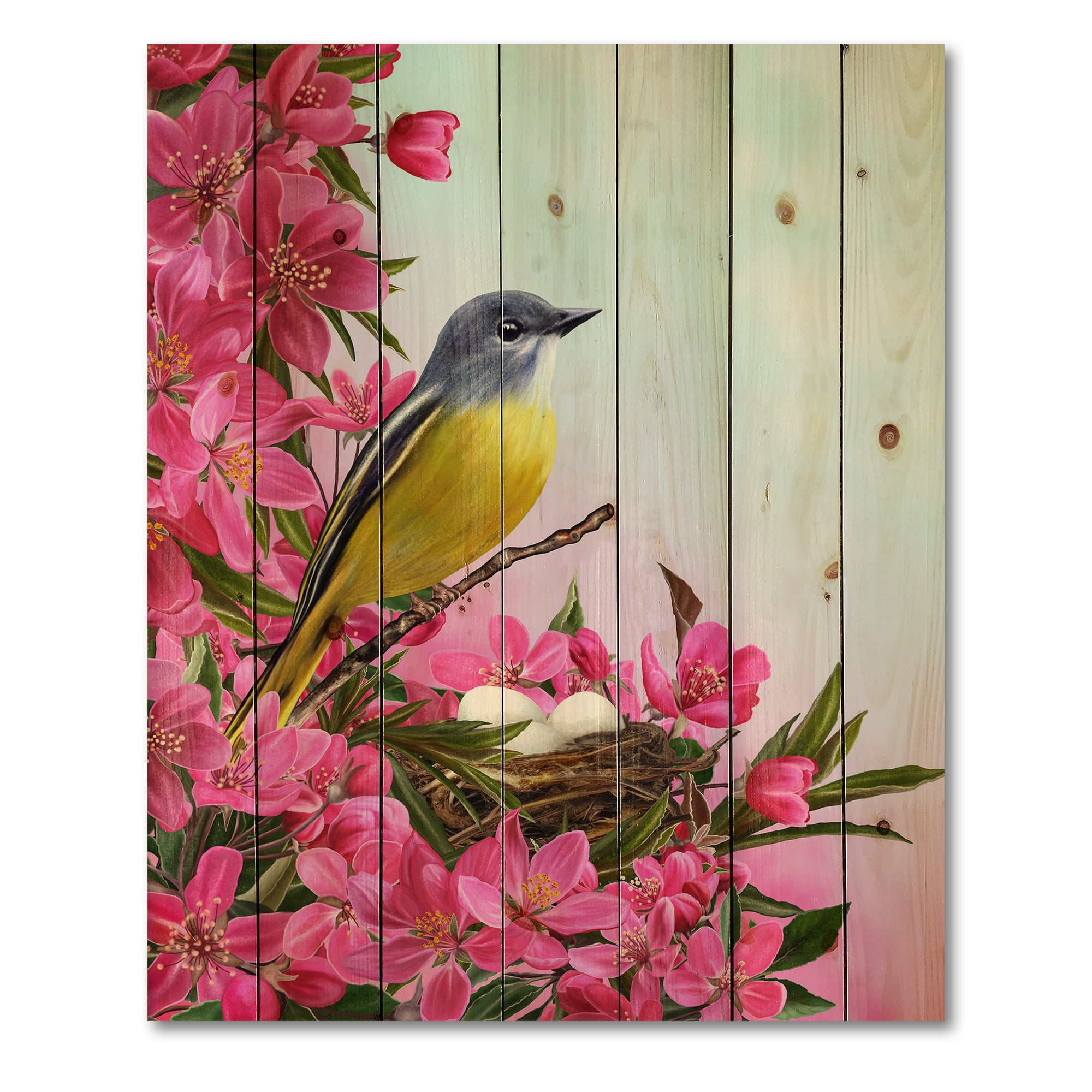 Designart 'Little Yellow Bird Near The Nest with Pink Flowers' Traditional Print on Natural Pine Wood