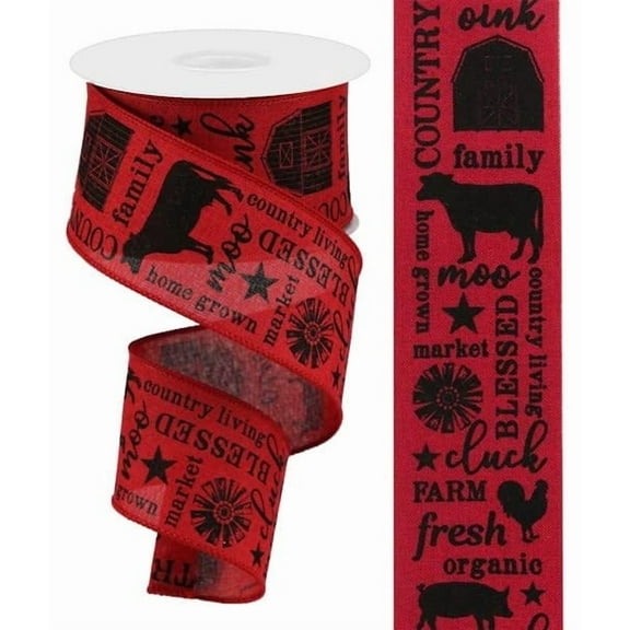 Country Living on Royal Canvas Wired Edge Ribbon - 10 Yards (Crimson, Black 2.5")