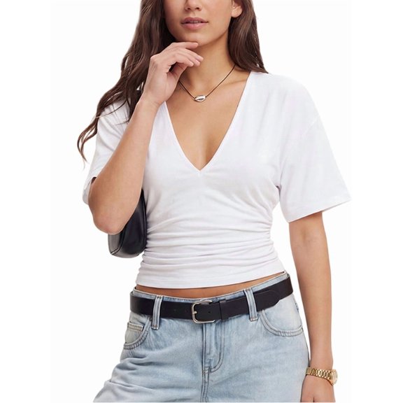Gynyvoja Womens Crop Tops Summer Basic Tees V Neck T Shirts Casual Short Sleeve Cropped Top White L