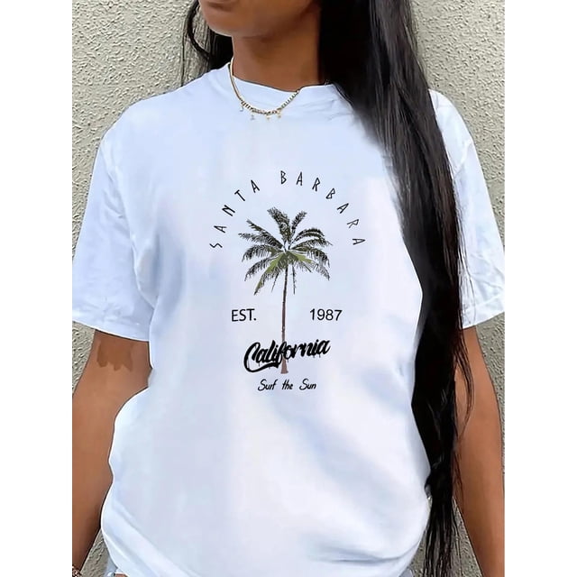 Camiseta estampada de palmera de Santa Bárbara, 1 pieza, 100 % algodón, cuello redondo, tejido de punto muy elástico, estampado geométrico, ropa deportiva informal, regalo perfecto para amigos, colecc