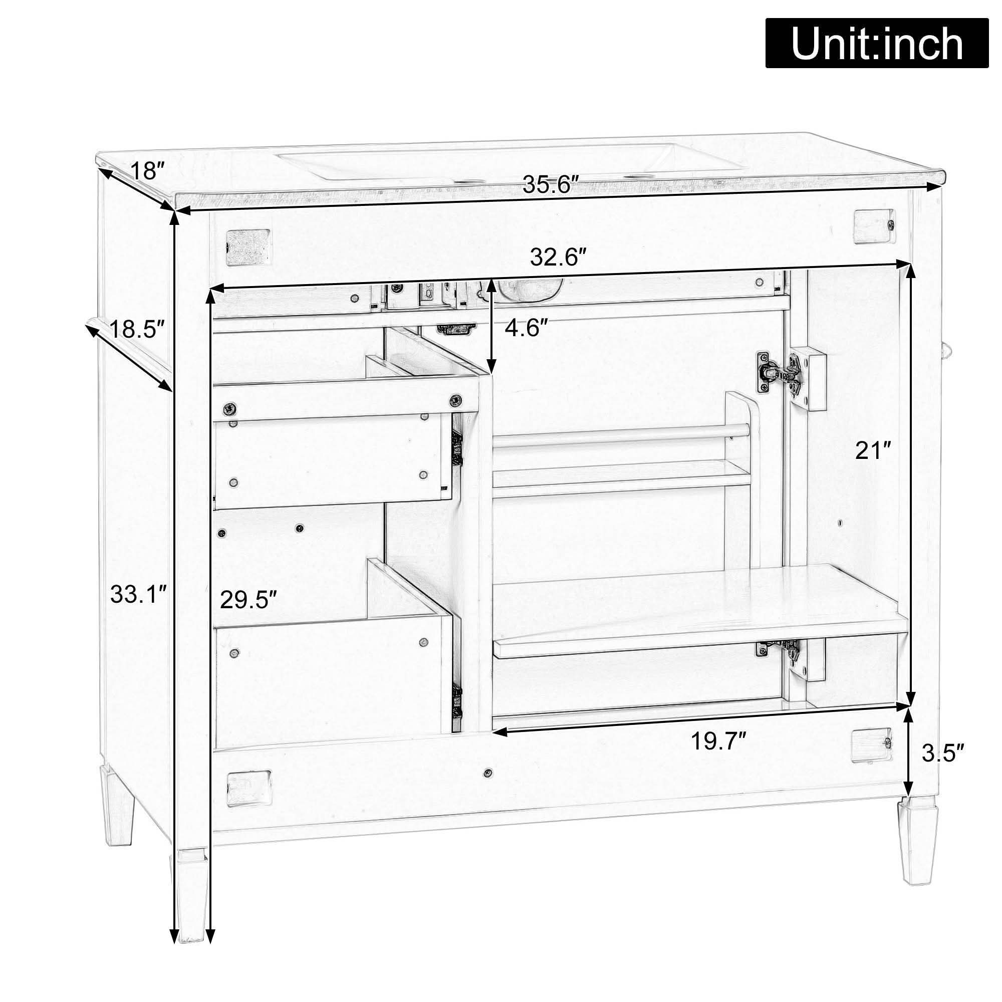 MAYEERTY 36" Bathroom Vanity with Sink Blue Gray Solid Wood Flip Drawer 3 Drawers 2 Doors Golden Metal Handles MDF