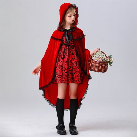 Youpwaven Little Red Riding Hood Halloween Costume for G'i'rls, Hooded Cape and Gothic Lace-up Dress 2-Piece Set, Deluxe Medieval Fairytale Roleplay Outfit Size 8