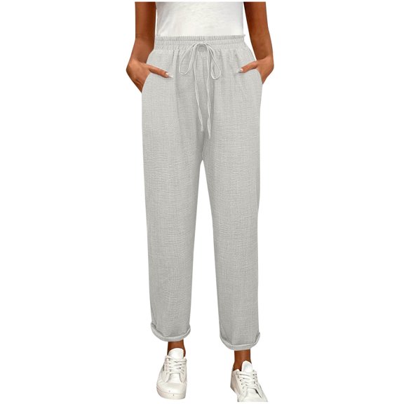 Womens Pants Solid Color Ankle Pants Women's Drawstring Pants With Pockets Relaxed Straight Leg Rolled Hem Casual Streetwear Comfy Running Errands Outfit Stretch Fabric Capri Pants For Women