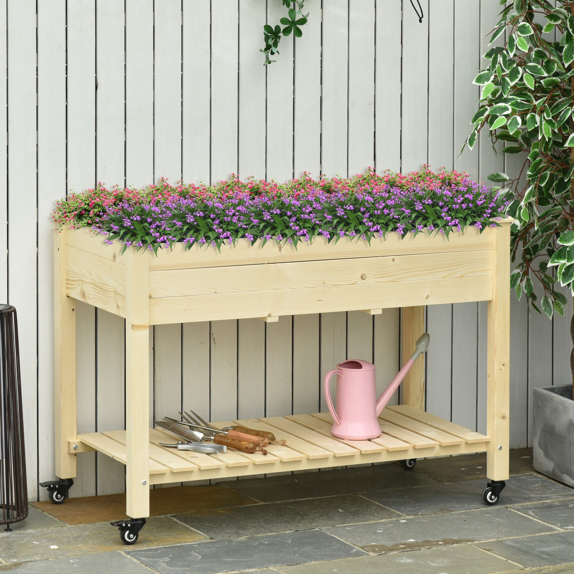 Raised Garden Bed, Elevated Wooden Planter Box w/ Lockable Wheels, Storage Shelf, and Bed Liner for Backyard, Patio, Natural, 47" x 22" x 33"