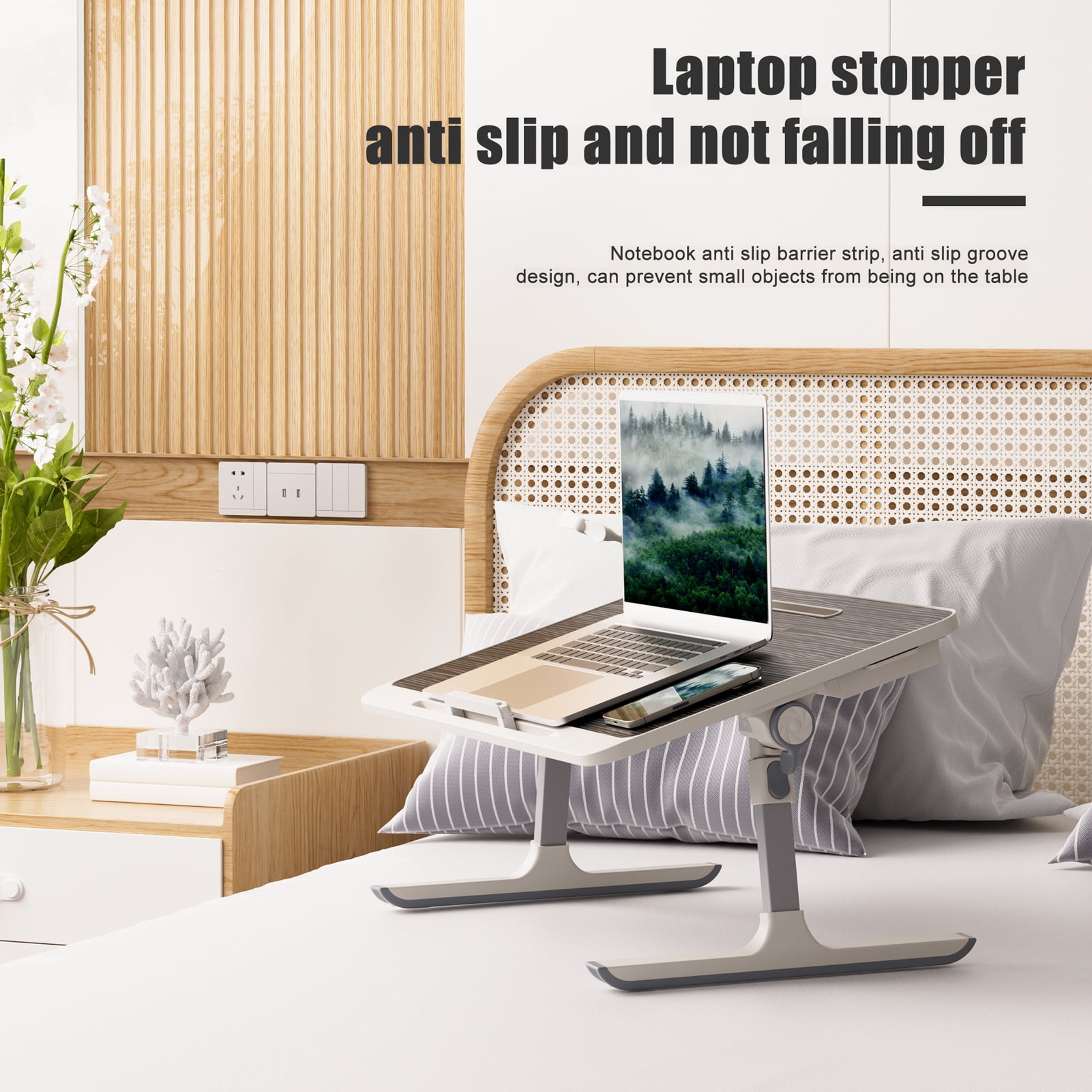 Nanly Foldable Laptop Bed Tray Desk, Heights and Angles Adjustable Laptop Bed Table with USB Fan and Small Lamp Portable Laptop Stand for Eating, Working, Writing in Sofa Couch Floor